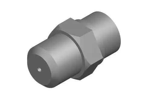 BOSCH Düse mit zylindrischer Form und einem Verbindungselement. Die Kontur ist schlicht und metallisch, geeignet für technische Anwendungen.